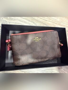 Coach Signature Double Corner Zip Wristlet Brown/Strawberry Pink